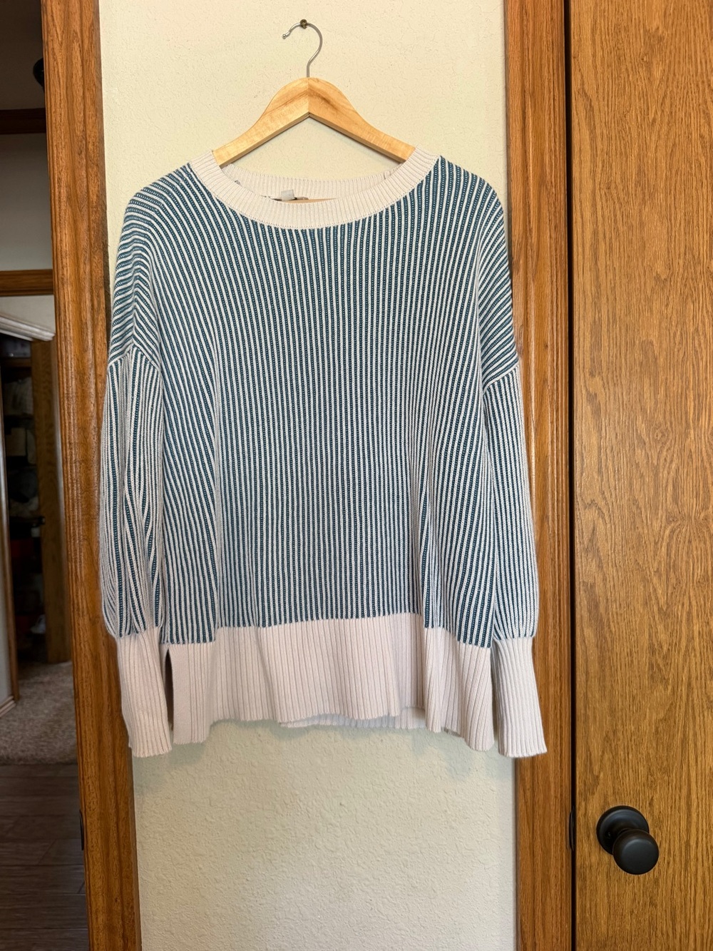 LOFT Blue and Cream Striped Ribbed Crewneck Sweater